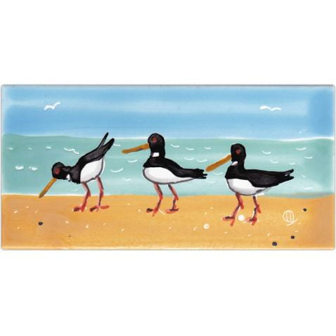 Oystercatchers panorama hand-painted tile