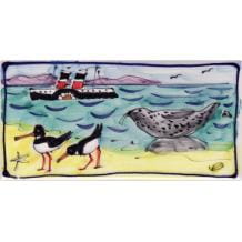 Waverley, seal and oystercatcher long hand-painted tile