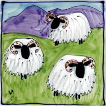 Triple sheep square hand-painted tile